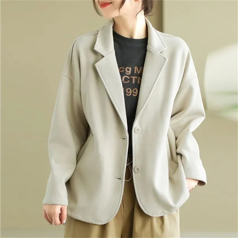

Женский однотонный костюм, пальто 2025 г., женский пиджак с длинными рукавами, весенне-осенний модный универсальный свободный крой, верхняя одежда
