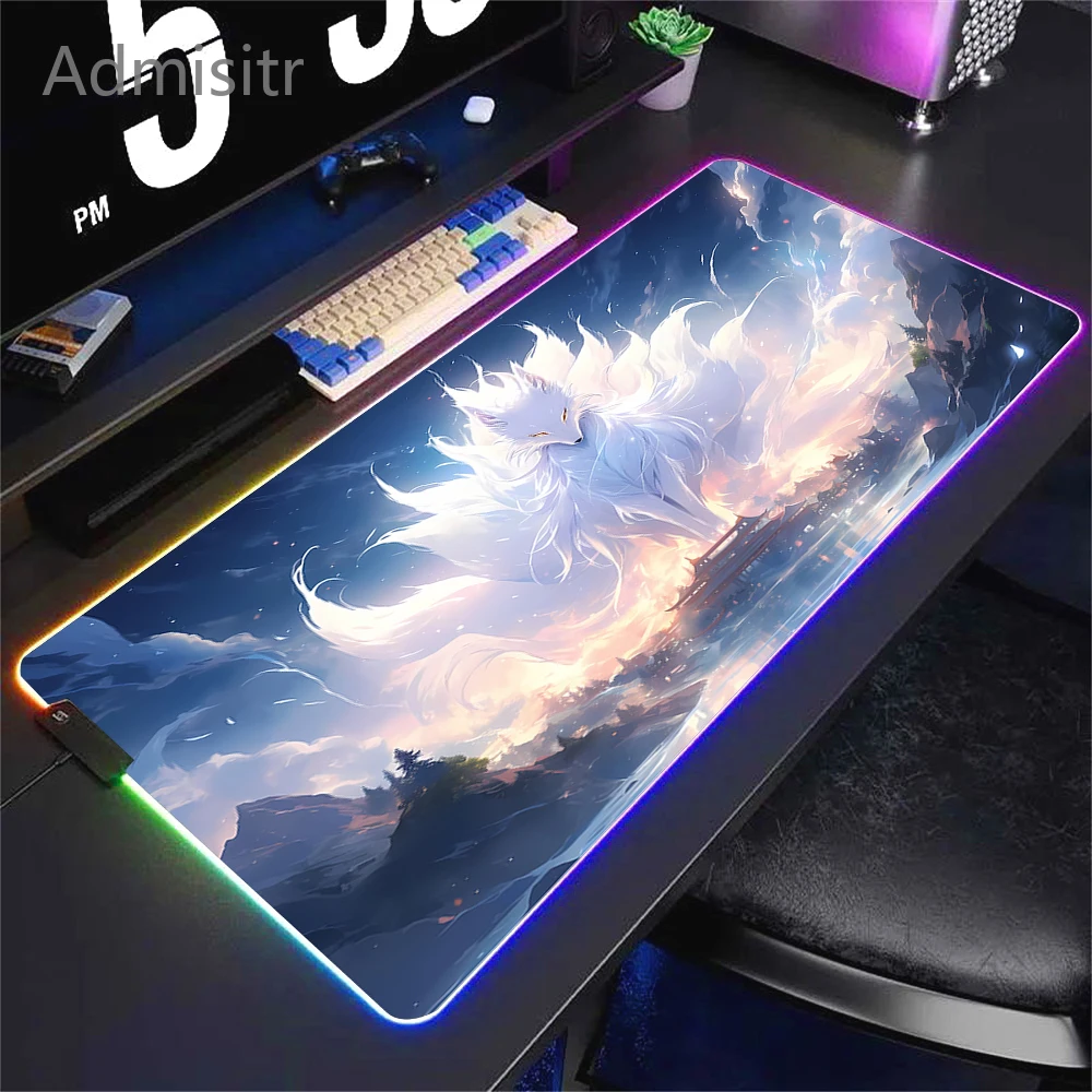 Imagem -02 - Kawaii Purple Fox Rgb Mouse Pad Led Brilhante Mouse Mats Colorido Gaming Computer Mousepad Teclado pc Gamer Borracha Xxl