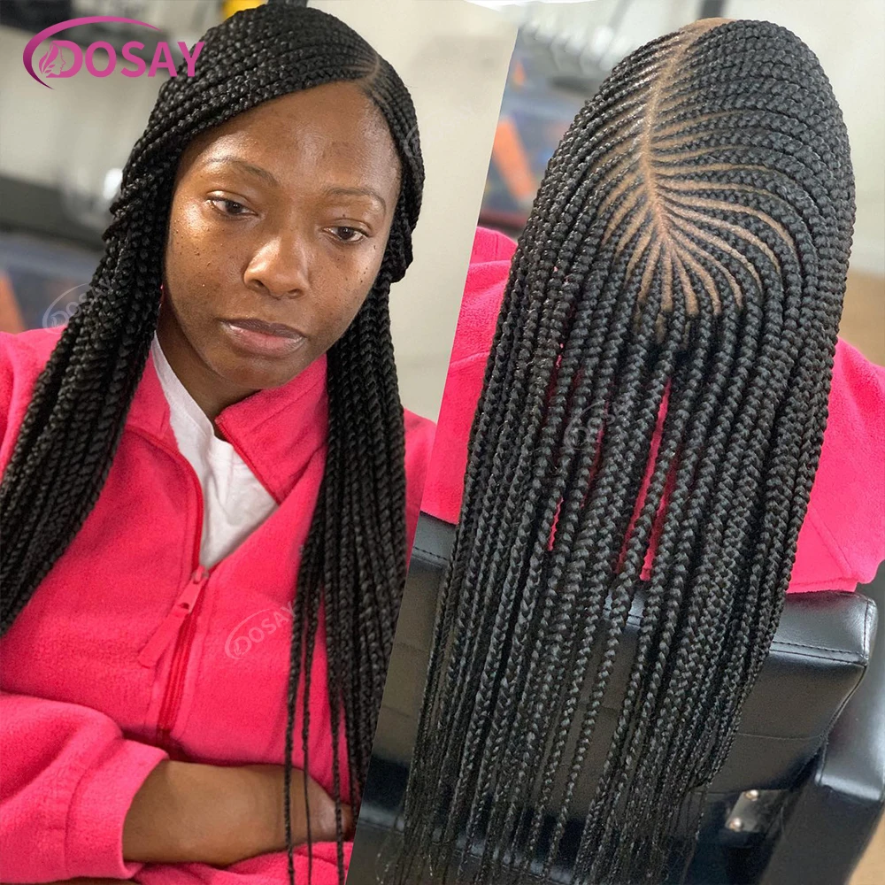 Wig Kepang Cornrows Bagian Samping 36 "Wig Kepang Depan Renda Penuh Tanpa Simpul Sintetis untuk Wanita Kulit Hitam Wig Kepang Kotak Tanpa Lem