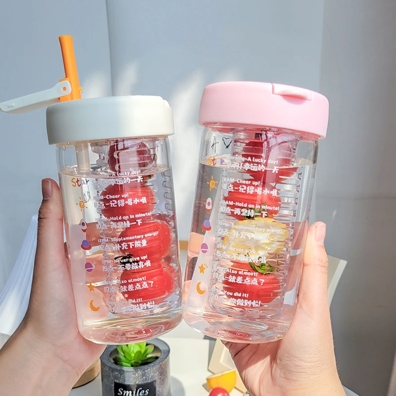 

550 ML New Glass Water Bottles With Straw Tea Infuser Filter Clear Cute Flower Tea Water Separation Bottle For Girls School Cups