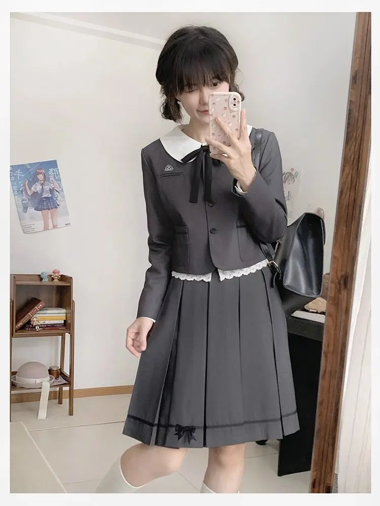 

Japan College Style Jk Suit Original School Style Elegant Uniform Skirt Suit For Women Collarless Dark Gray Small Suit Jacket