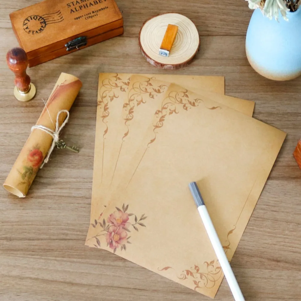8 Pezzi di Carta da Scrittura Kraft Carta da Posta Marrone Stampata Colorata Antica con motivi Floreali Carte di Cancelleria per Scrittura A5