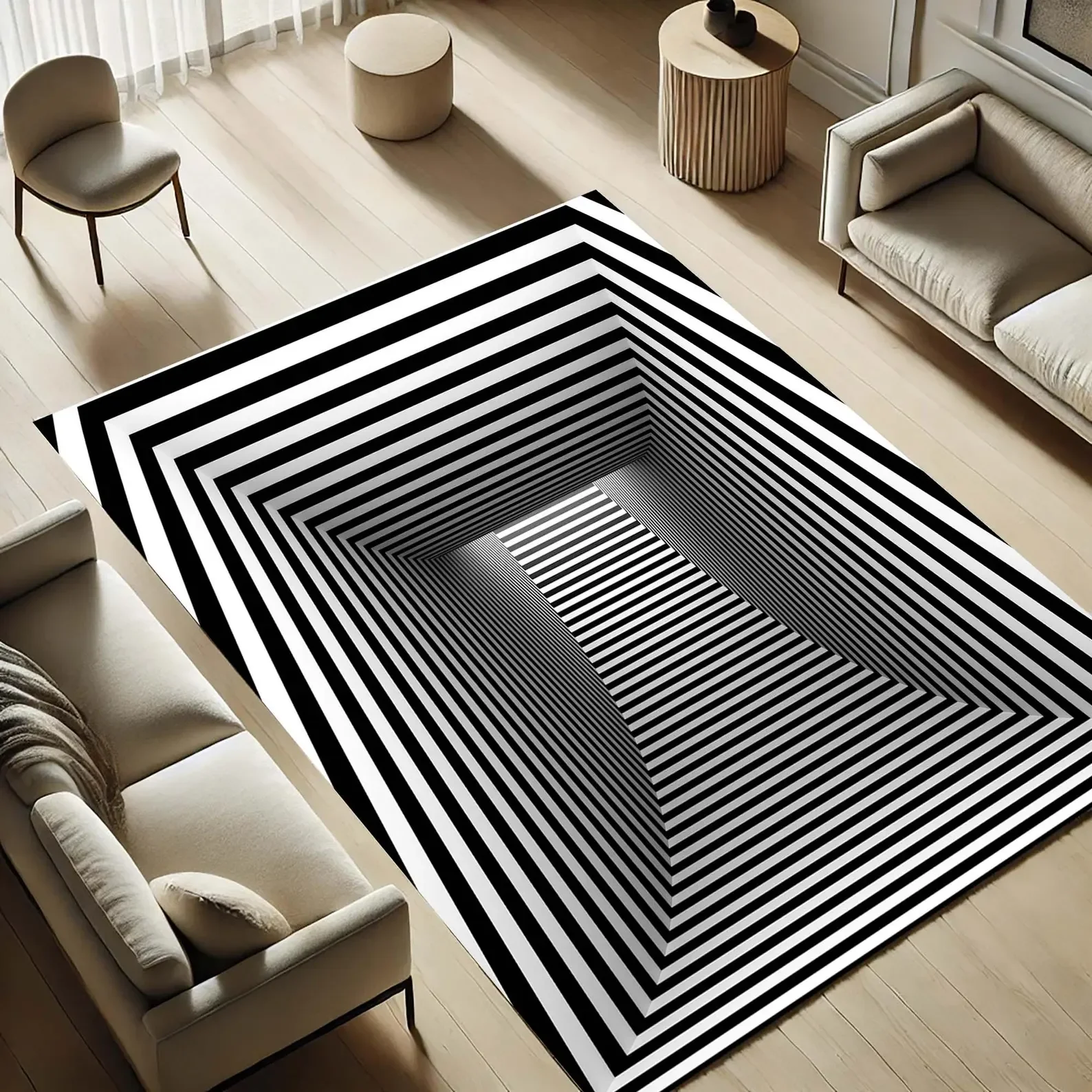 2D Optical Illusion Black White Striped Area Rug, Non-Slip Washable Living Room Carpet, Vortex Hole Large Floor Mat for Bedroom