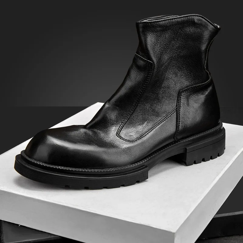 

Новые мужские модные ботинки челси из натуральной кожи с высоким берцем и толстой подошвой, повседневные кожаные ботинки на молнии, мужские уличные ботильоны 030