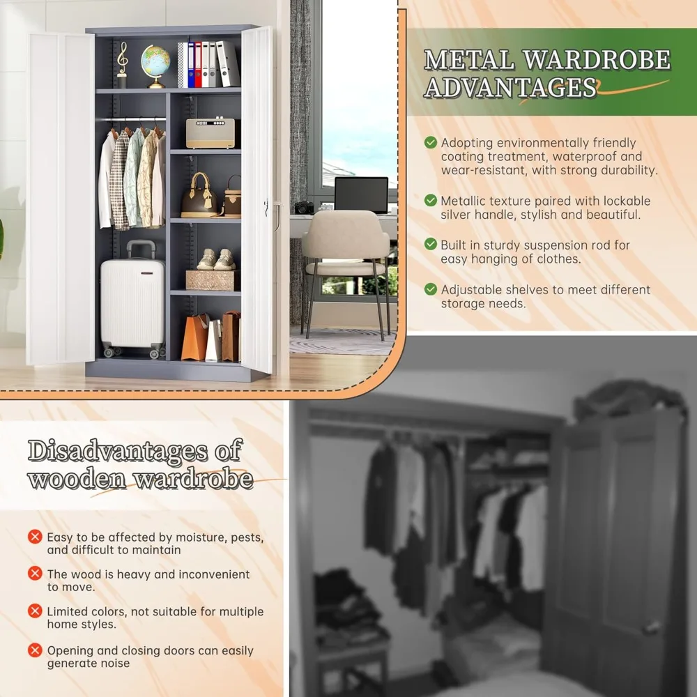 خزانة ملابس معدنية مع قفل، 72 قضيب تعليق ومنظم خزانة أرفف قابلة للتعديل