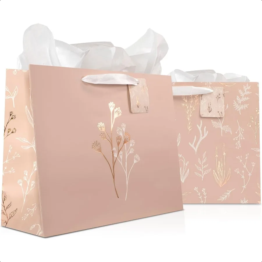 

Beautiful Gift Bags Set of 2 Large 13" Bags with Handles incl. Matching Tissue Paper Cards and Stickers Reusable and Perfect Fo