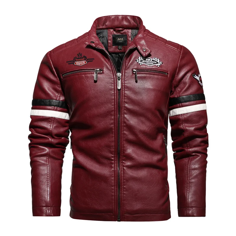 Autumn Winter Embroidery Motorcycle Racing Leather Jacket Men Color Block Patchwork Faux Men's Thin