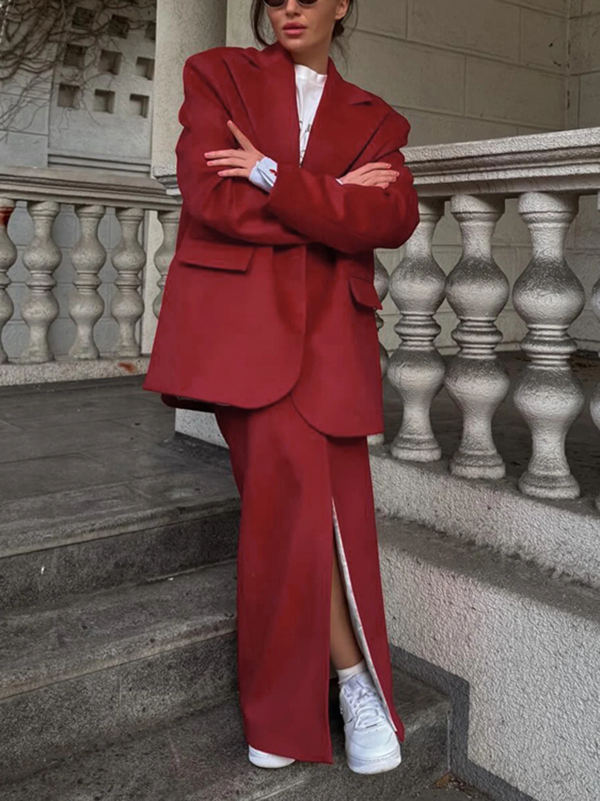 

Allingentle Lapel Long Sleeved Suit Jacket Women's 2 Piece Set Suit Fashion Split Half Length Skirt Pantsuit Set Customize