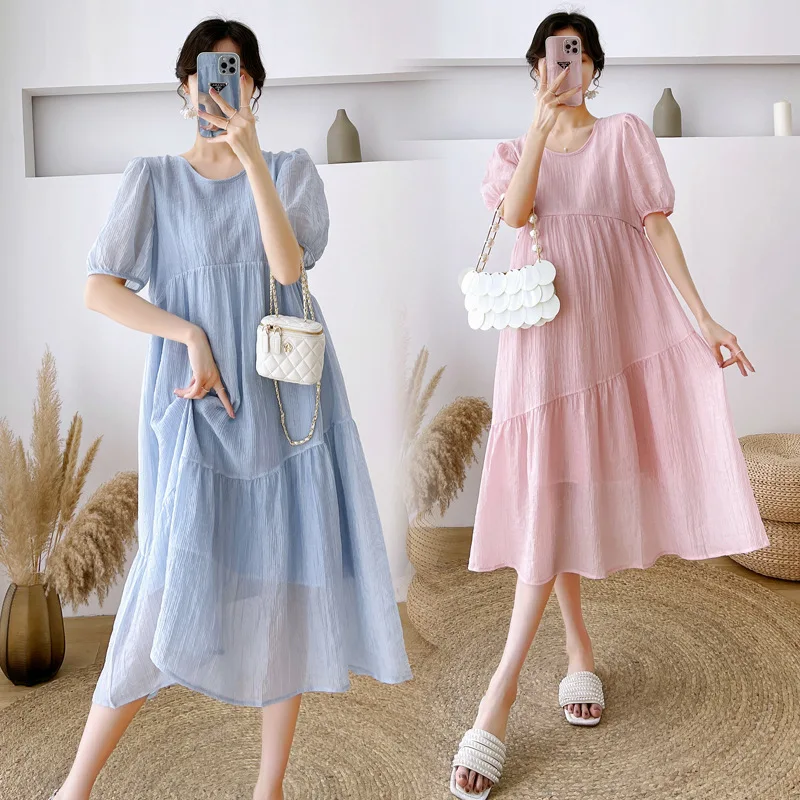 

Maternity Dress Summer 2026 Minimalist Loose Comfortable Breathable Puff Sleeve Round Neck A Line For Pregnant Versatile