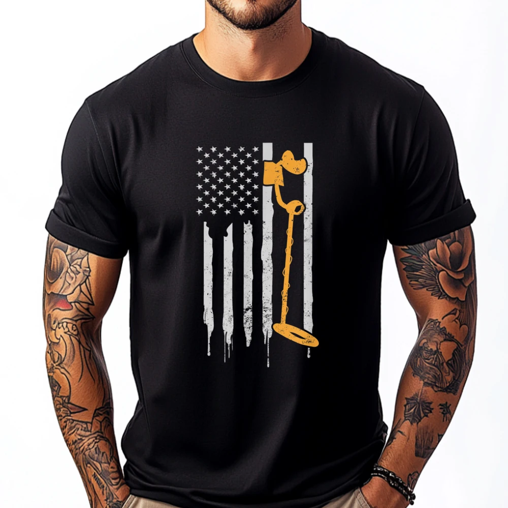 

Metal Detecting Patriotic 4th Of July Us Flag Graphic T Shirts 100% Cotton Gothic Style Fashion T Shirt Men T Shirt Men