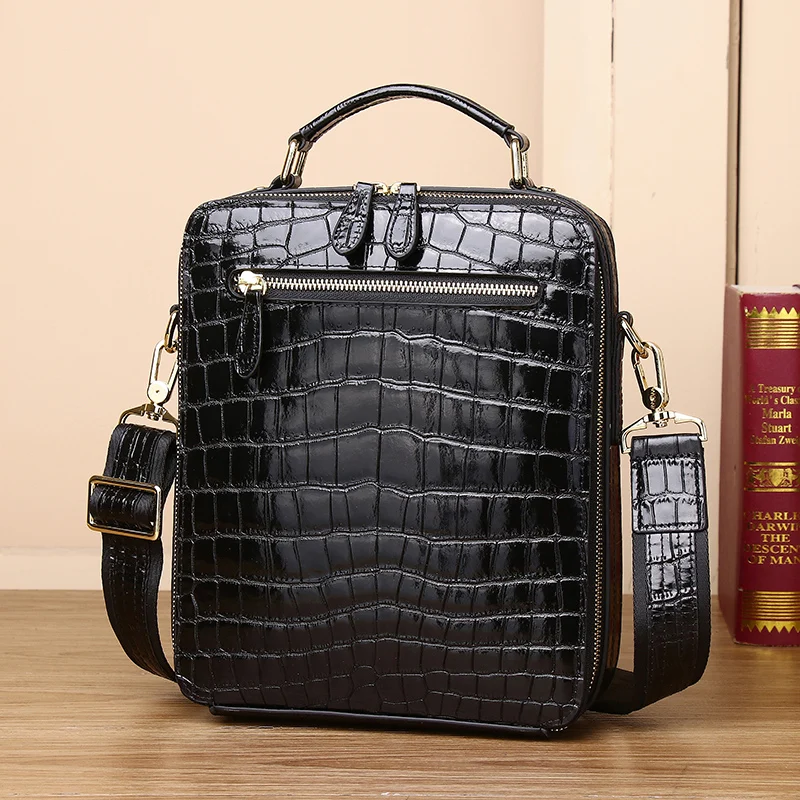 New Genuine Leather Handbag Men's Vertical Box Bag Wan Crocodile Bright Face Belly Multi functional One Shoulder Crossbody Bag