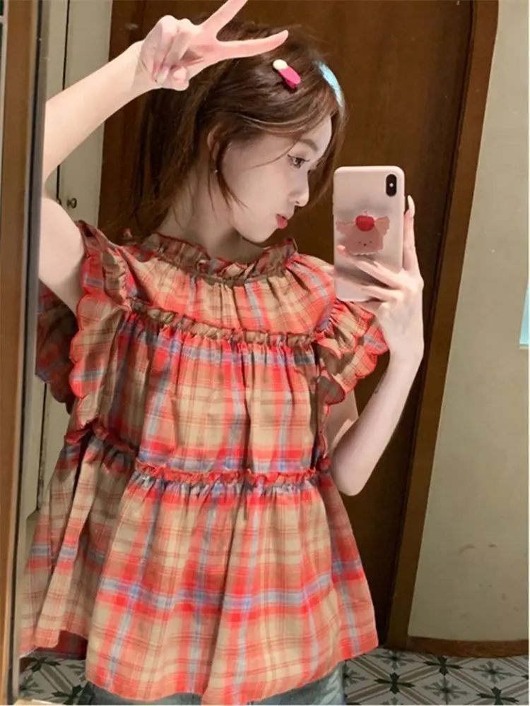 

Korejpaa Flying Sleeve Shirts Women 2025 Summer Sweet Plaid Slimming Shirt Korean Fashion Round Neck Blouse Blusas Mujer