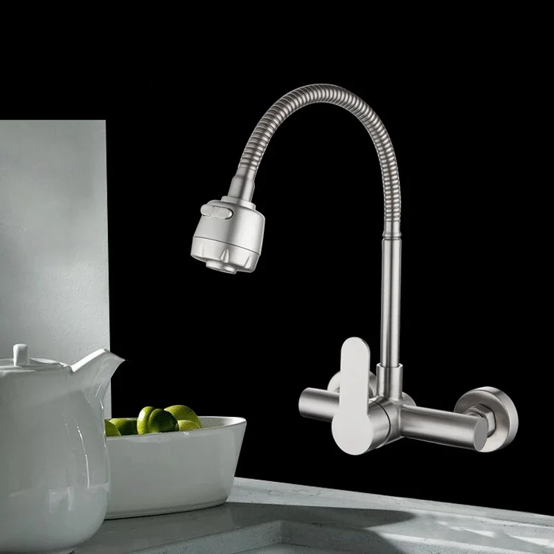 304 Stainless Steel Wall-Mounted Kitchen Sink Faucet - Hot Cold Water Mixer - 2 Modes - Mop Pool Laundry Pool Taps