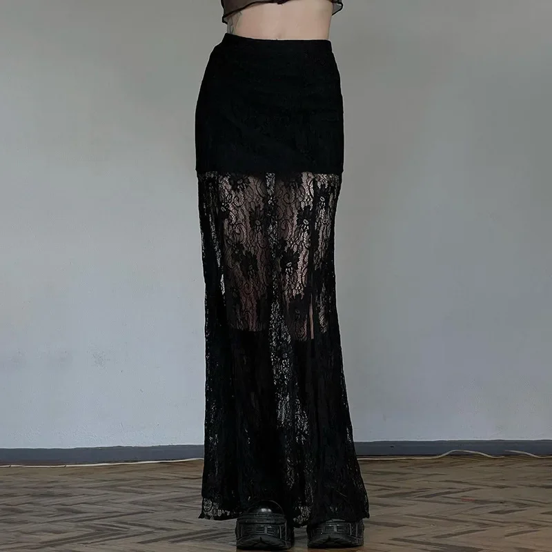 

Side Slit Lace Skirts for Women 2024 Summer New See Through High Waist Skirt Ladies Black Casual Loose Sexy Skirts Woman