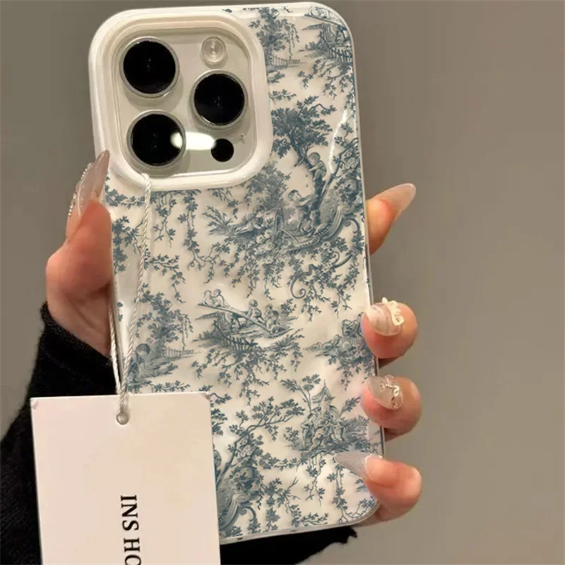 Cute Blue Floral Pattern Soft Phone Case For IPhone 17 16 Pro Max 15 Plus 13 14 12 11 Pro Max 17 Air Wrinkle Texture Cover Case