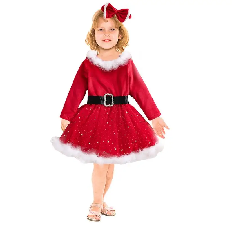 Girl Red Dress Christmas Long Sleeve Dress with A Bow Girl Christmas Dress Ruched Fluff Trim Tulle Tutu Dress for Kids