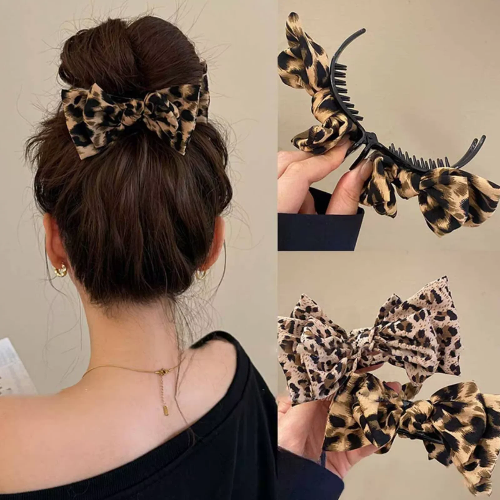 قطعة واحدة من إكسسوارات الشعر الفاخرة ذات القوس المطبوع على شكل الفهد مناسبة للنساء لارتدائها #1