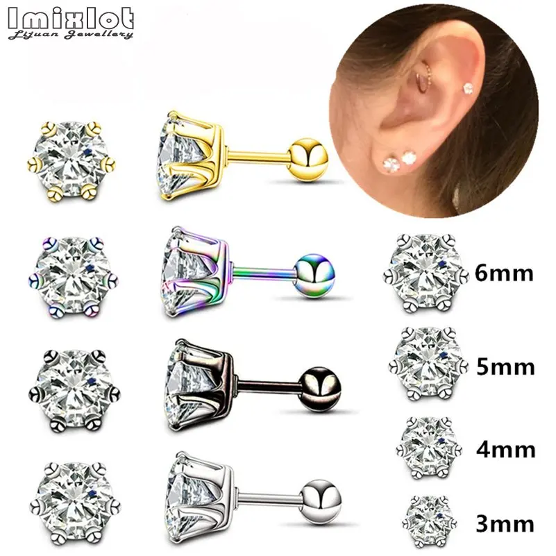 Women/Mens Stainless Steel Stud Earrings,3-7mm, Black,Golden,Silvery,Multicolour, Clear Crystal,Round,#0094