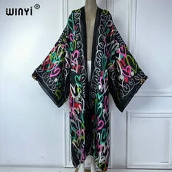 WINYI summer kimono african boho love print dress beach wear Elegant Cardigan sexy Holiday beach outfits for women beachwear