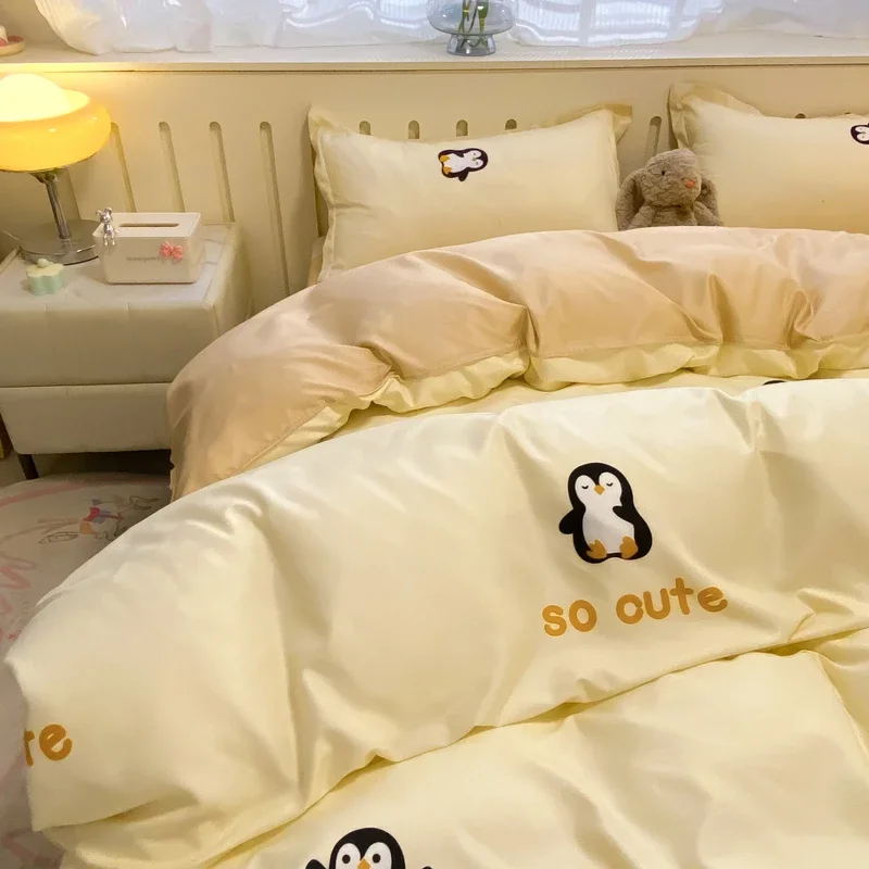 Cute Penguin Bedding Set Spring All Seasons Twin Queen Size Duvet Cover Flat Sheet Pillowcase Home Hotel Comforter Cover