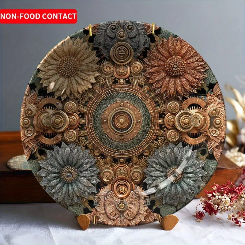 1pc Vintage Gear Flower Ceramic Decorative Plate Creative Home Ornament Desktop Art Decoration Non-Food Contact Suitable for