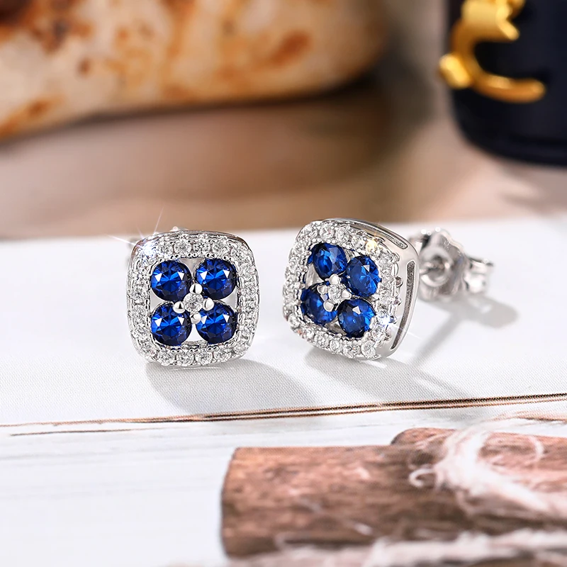 Women's Chic Square Stud Earrings with Blue/White Cubic Zirconia