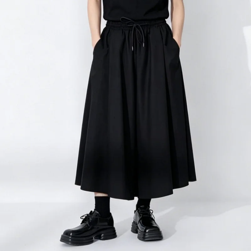 Men'S Casual Pants, Black High-Waisted Wide-Leg Casual Pants, Men'S Japanese-Style Loose Mid-Length Culottes A30