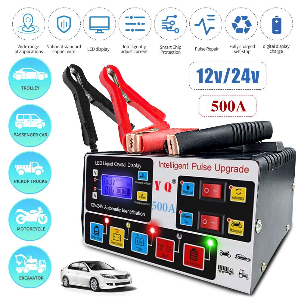 500A High-Power Car Battery Charger 12/24V Intelligent Pulse Repair LCD Digital Display Full-Automatic Self-Stop Battery Charger