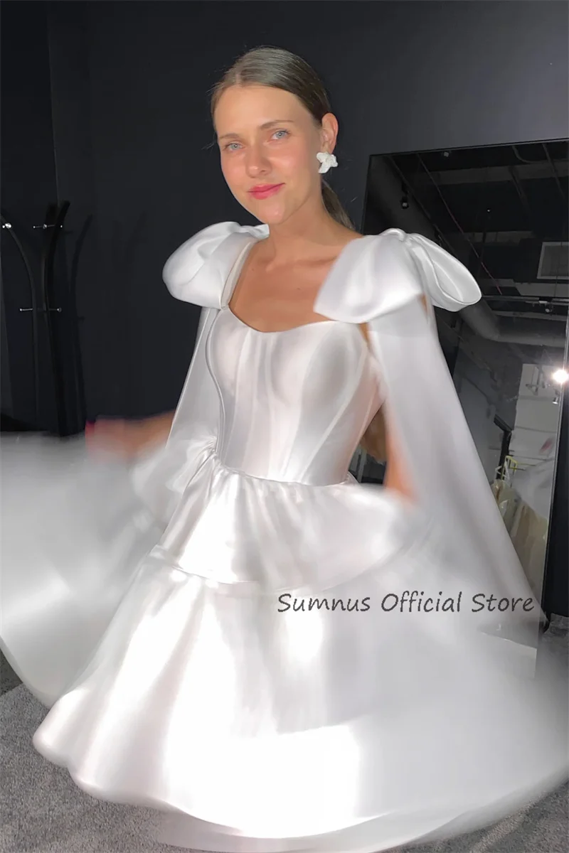 SUMNUS White Mini Wedding Dresses Short A Line Bride Dress Vestido De Noiva Wedding Prom Gowns Tied Bow Straps Bridal Gown Club