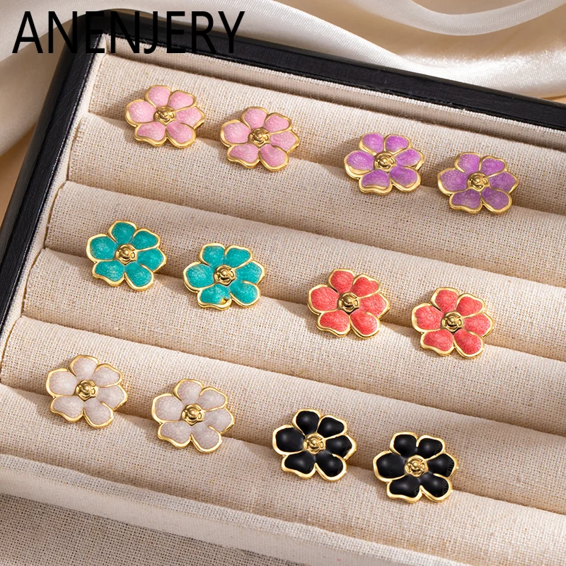 ANENJERY 316L Stainless Steel Colorful Enamel Flower Stud Earrings For Women Temperament Luxury Niche Simple Jewelry Gift