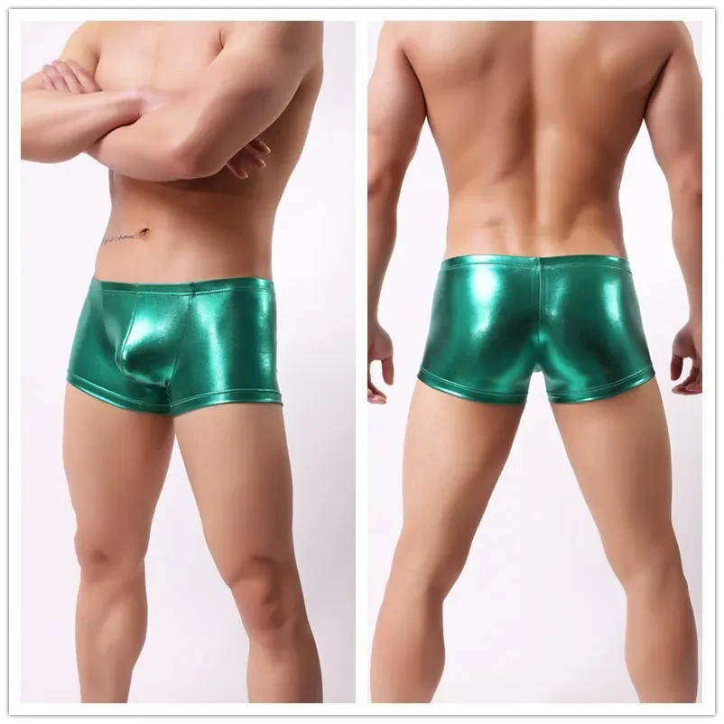 Mens Underwear Boxer U Convex Pouch Patent Leather Wetlook Shinny Trunks Cool Underpants Shorts Shiny Leather Boxers for Male