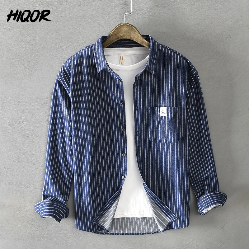 HIQOR 2024 New In 100% Cotton Long Sleeve Men\'s Shirt Loose Man Business Casual Shirts Classic Striped Male Social Dress Shirts