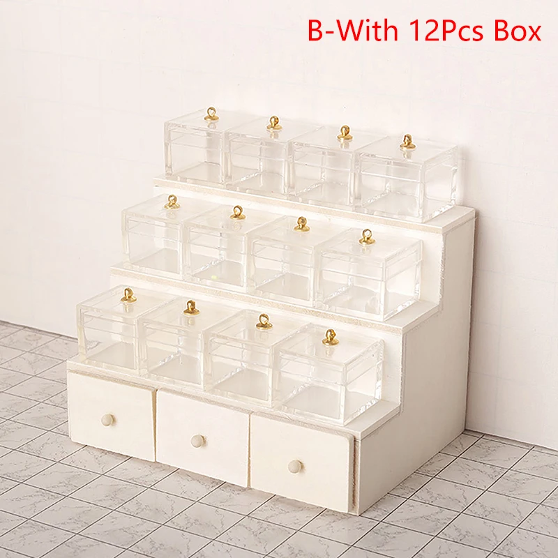 Estante de exhibición en miniatura para casa de muñecas, caja de dulces, cajón, armario con muebles transparentes, decoración, accesorios para casa de muñecas de juguete, 1:12