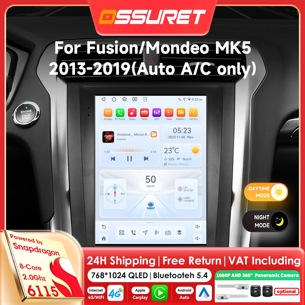 9,7-Zoll 8-Kern Carplay Android 14 Autoradio für Ford Fusion Mondeo MK5 2013-2019 Multimedia-Player mit Snapdragon 6115 GPS Stereo 360