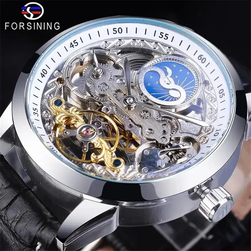 Forsining 355A Luxury Brand Moon Phase Watches Fully Automatic Men Watches Hollowed Mechanical Watches Luxury Reloj Hombre