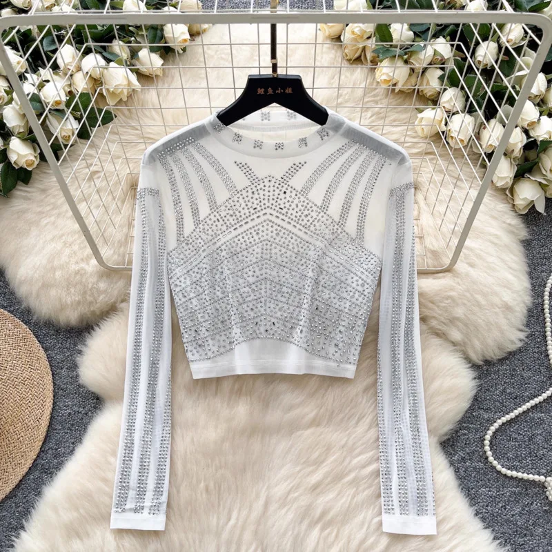 Hksh primavera outono novas mulheres camiseta curta o pescoço mangas compridas artesanato pesado cravejado diamantes pura sexy camiseta high-end topos hk16451