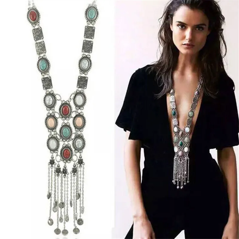 Vintage Long Chains Rhinestone Statement Necklaces For Women Tassel Pendant Drop Dangle Choker Necklace Bohemian Ethnic Jewelry