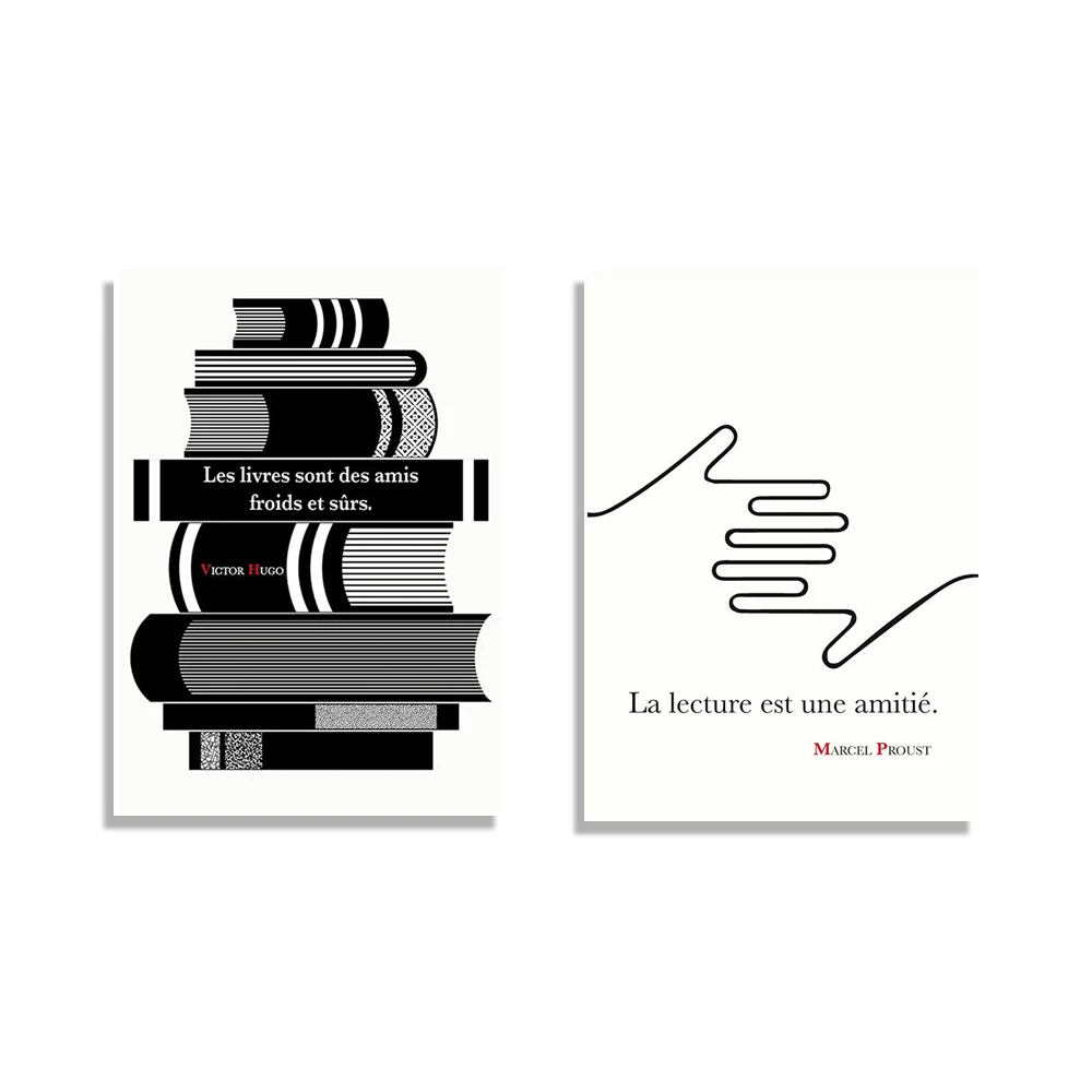 Citação de Marcel Proust: Leitura é uma amizade, Citação de Victor Hugo: Livros que afirma a amizade, Pôster literário motivacional de escritor