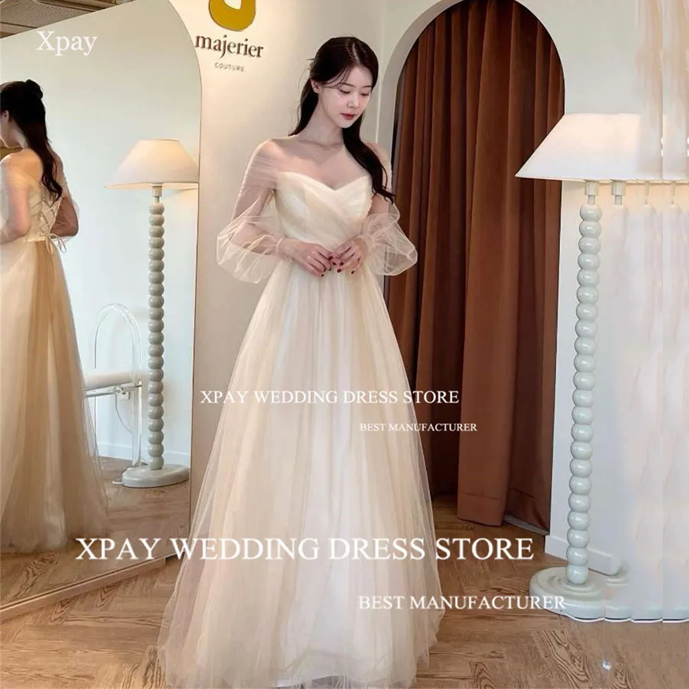 

XPAY V Neck Long Puff Sleeve Korea Wedding Dresses Princess Photo Shoot Off Shoulder Champagne Corset Back Custom Bridal Gown