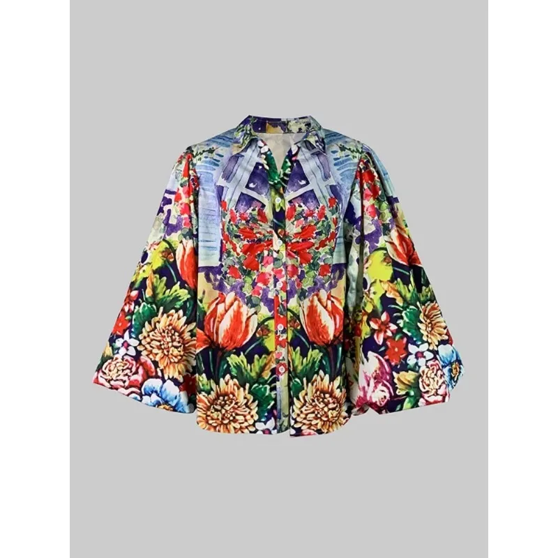 Modigirl New Trendy Colorful Blouse for Women Autumn Spring Vintage Floral Printed Lapel Puff Sleeves Woman Shirts Tops Clothes