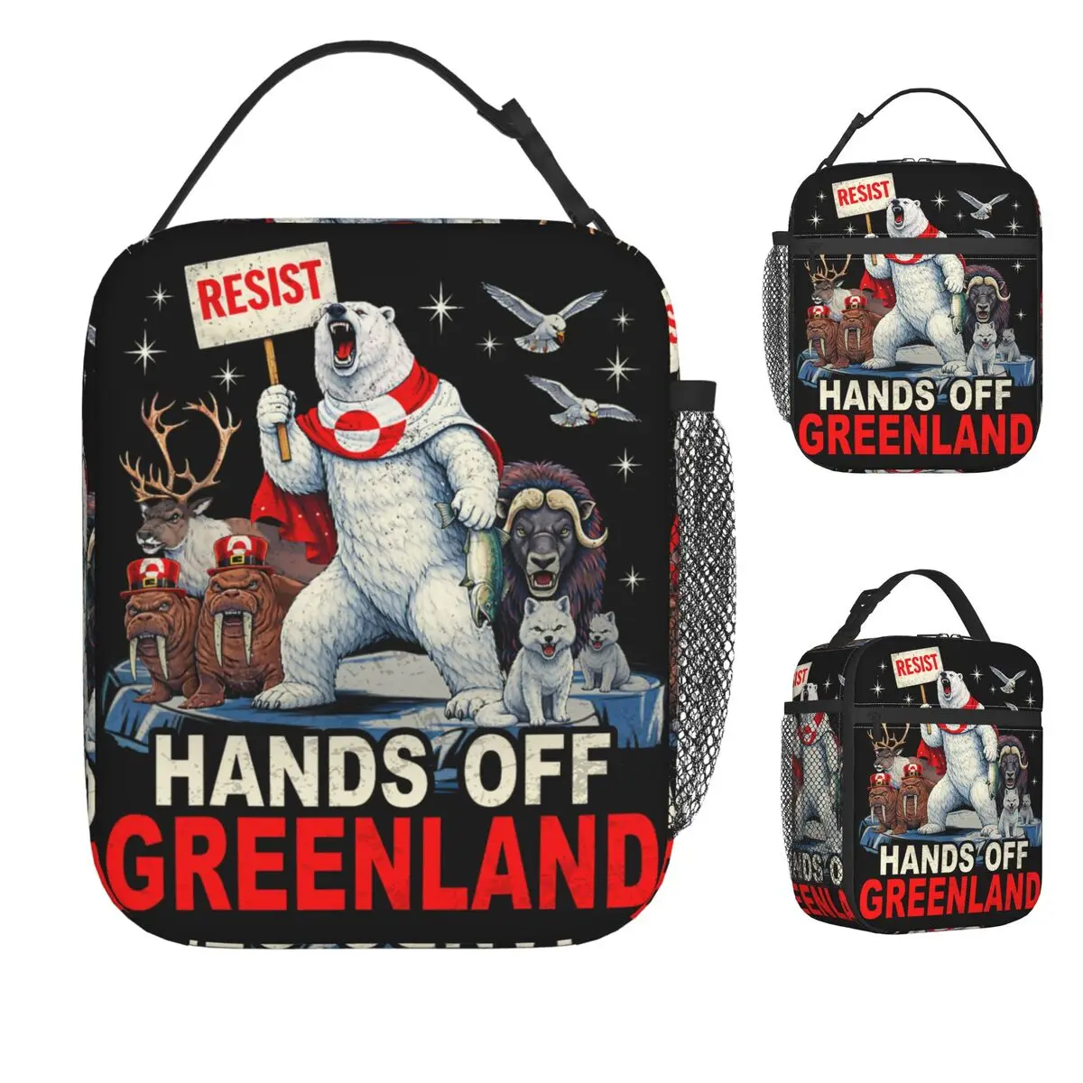

Hands Off Greenland Flag Bear Lunch Bag For Men Lunch Box Leisure Outdoor Picnic Cooler Bag Portable Thermal Tote Handbags