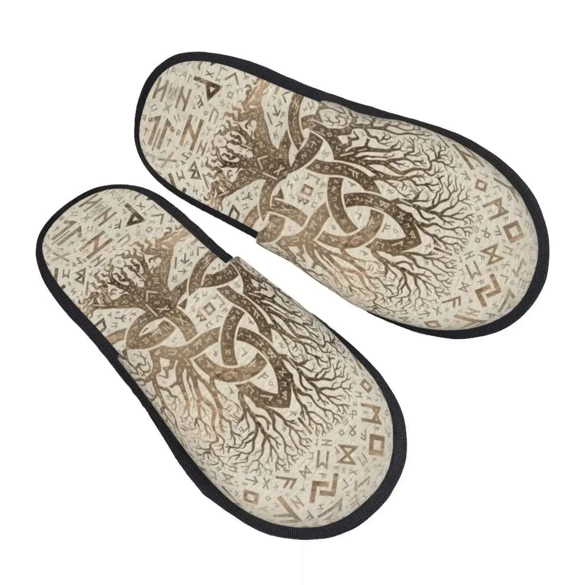 Custom Tree Of Life With Triquetra And Futhark Pastel Gold Foam Slippers Women Cozy Warm Viking Norse Yggdrasil House Slippers