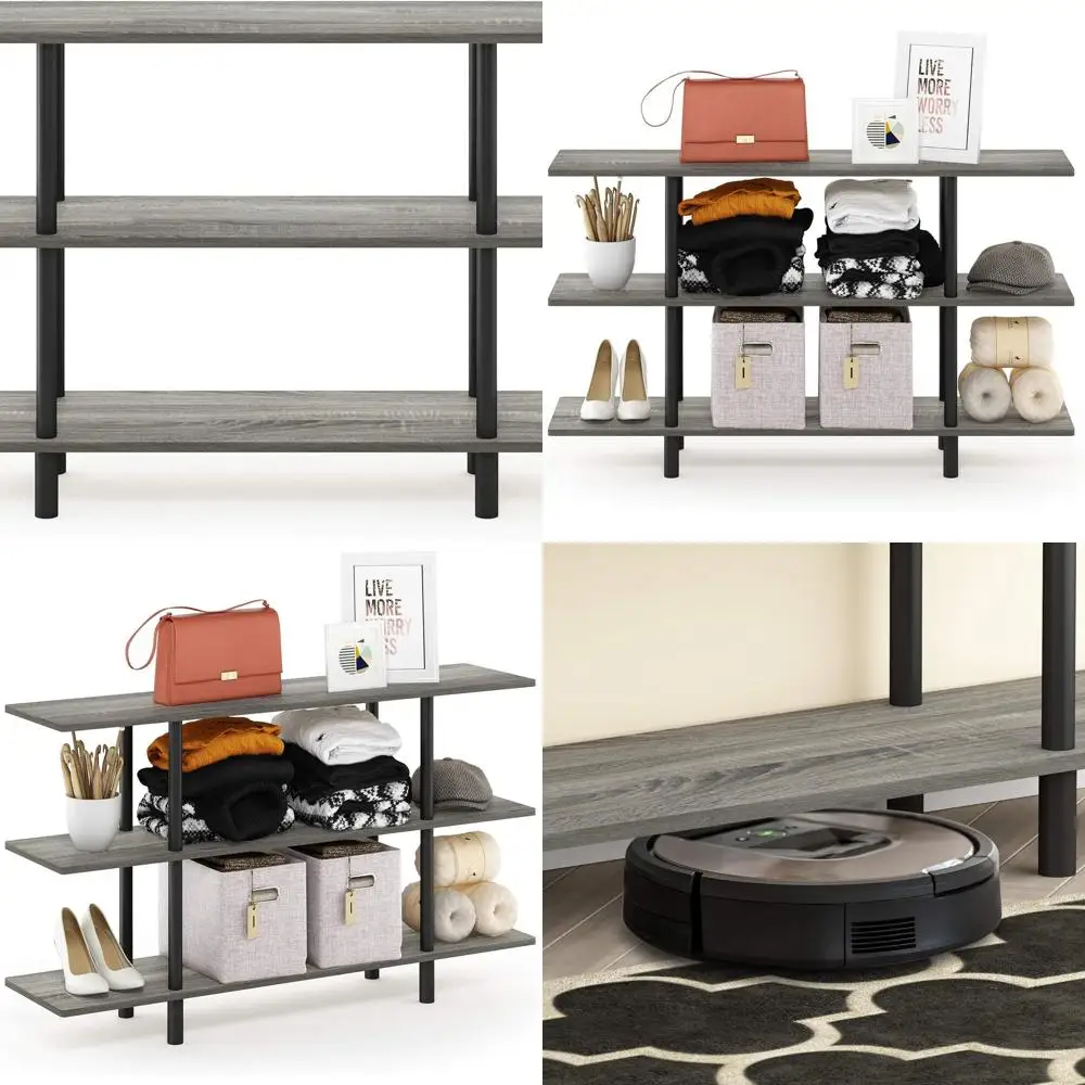 

3-Tier Wide Display Shelf, French Oak Grey and Black