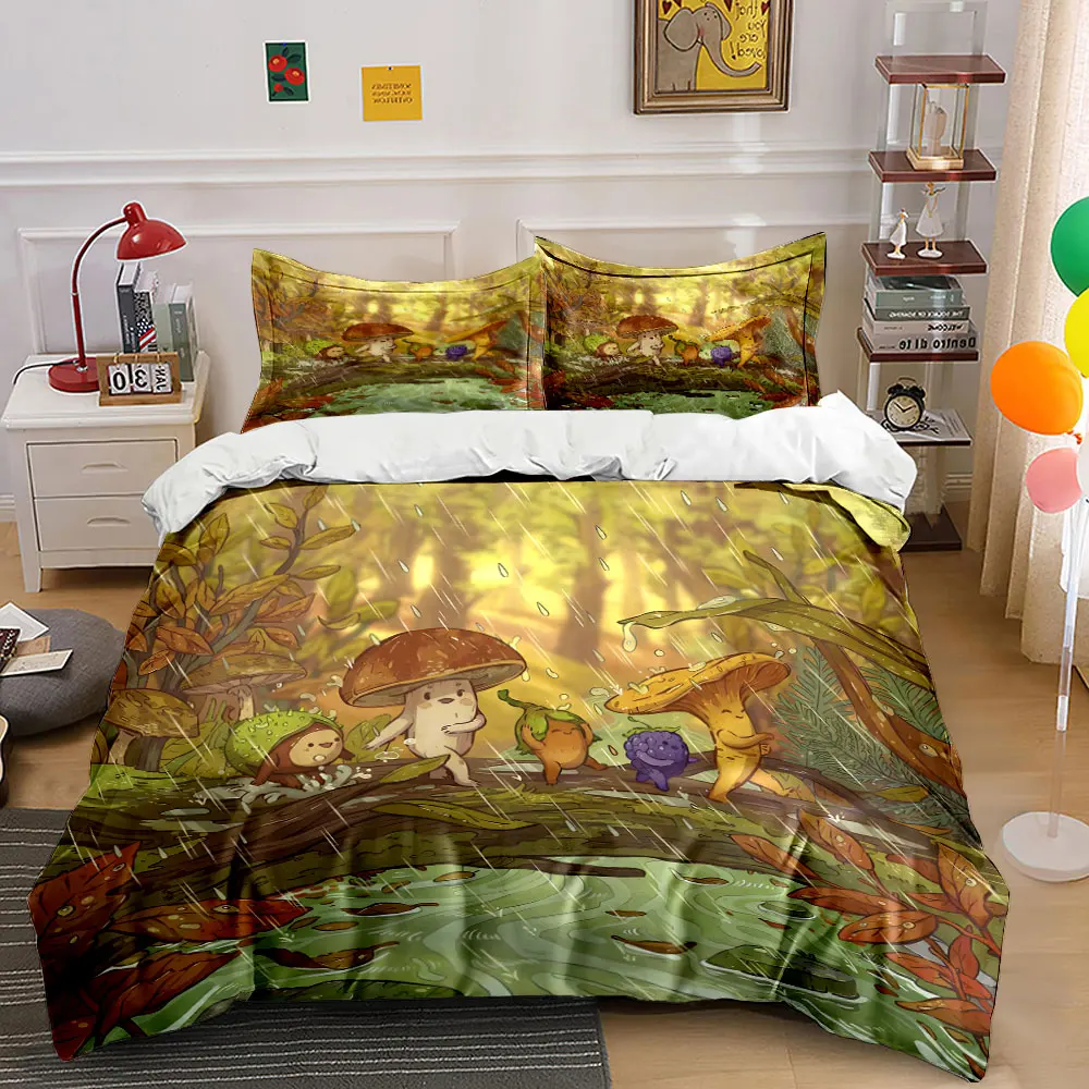 Pilze und Pflanzen im Regenwald Bedrucktes Bettbezug-Set, 1 Bettbezug + 2 Kissenbezüge, Bettwäsche-Dekor für Schlafzimmer in verschiedenen Größen