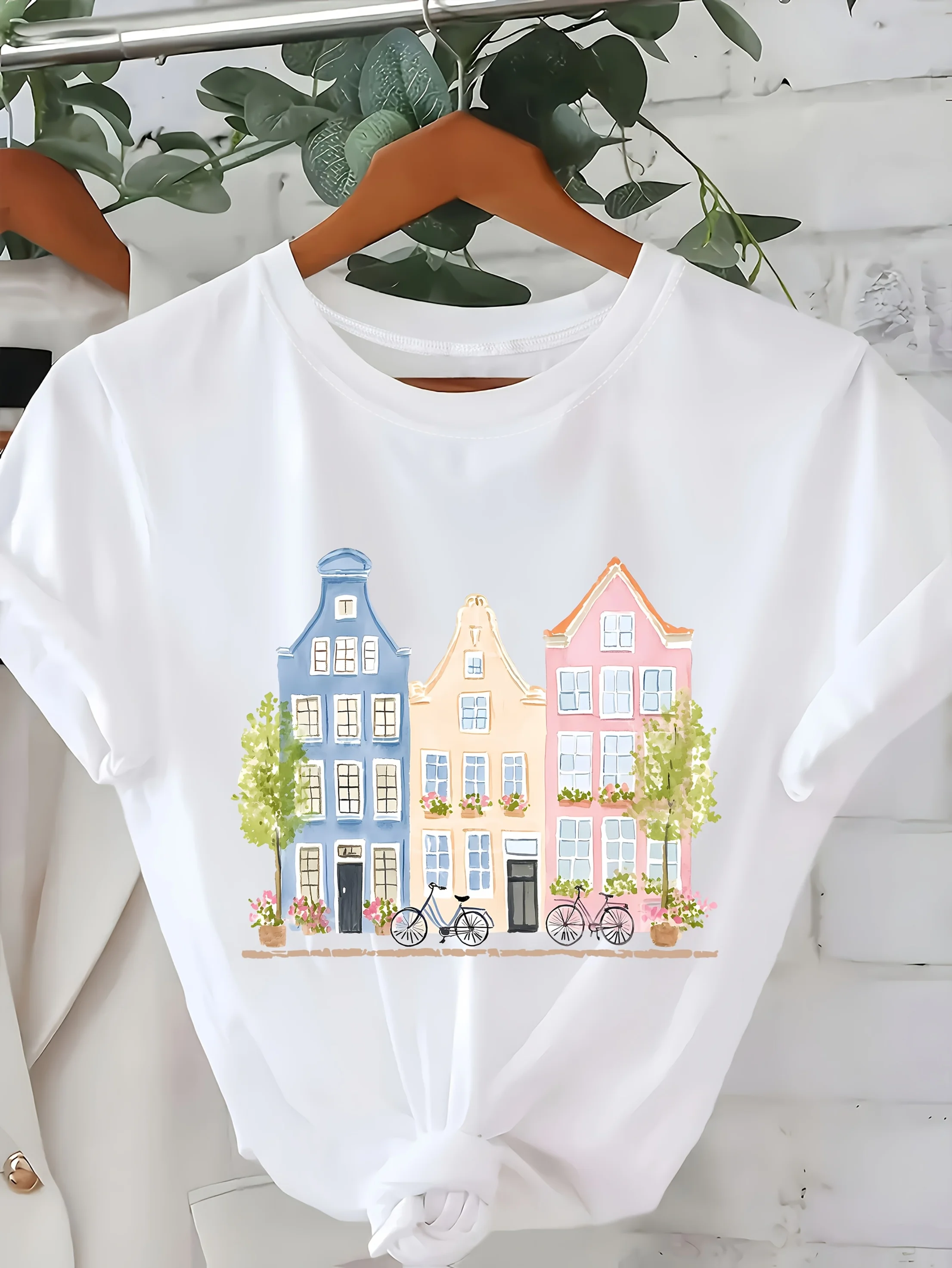 Amsterdam House Pastel House Tourism Art Print Fashion Casual Sleeve T-Shirt Summer Harajuku Sleeve Casual Aesthetic Clothes