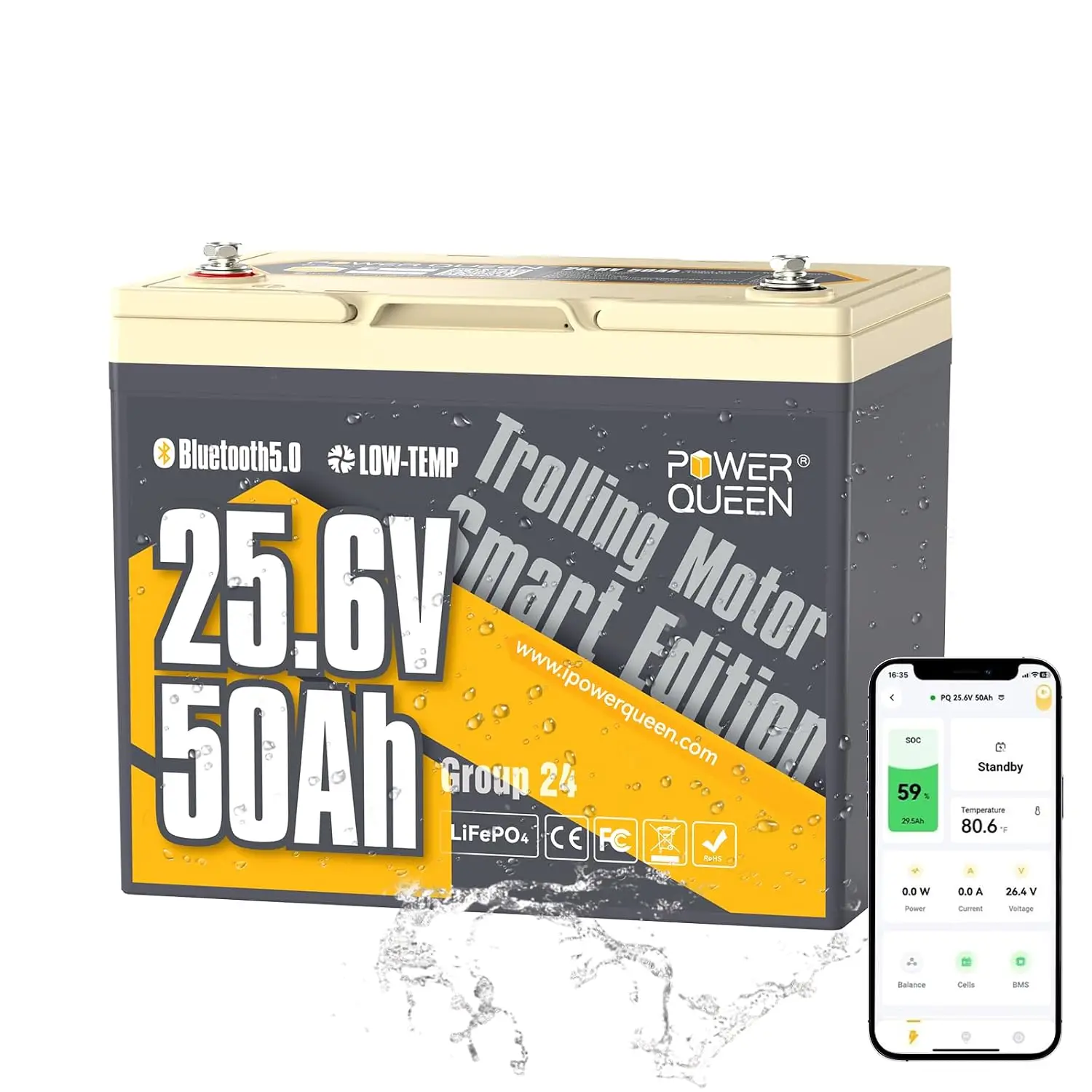 24V 50Ah LiFePO4 Battery with Bluetooth 5.0 Remote Control | Group 24, Low-temperature Protection, 1280Wh Energy, Deep, Custom