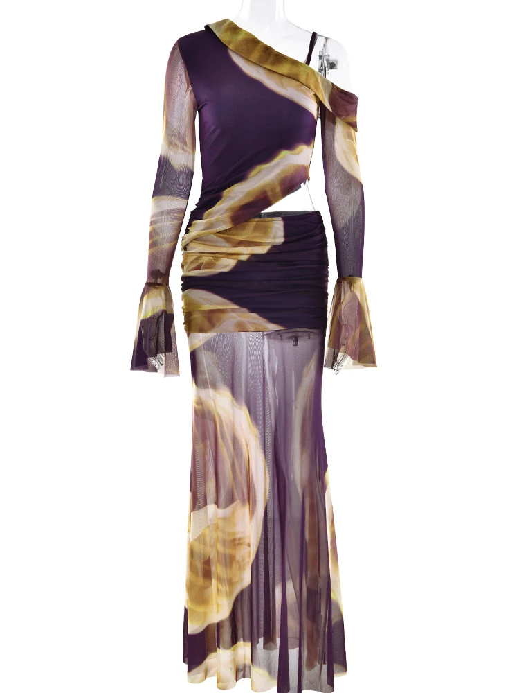 Oniflyme sexy bedrukte 2-delige set dames streetwear bijpassende pakken flare mouw off-shoulder onregelmatige tops ruches rok outfits