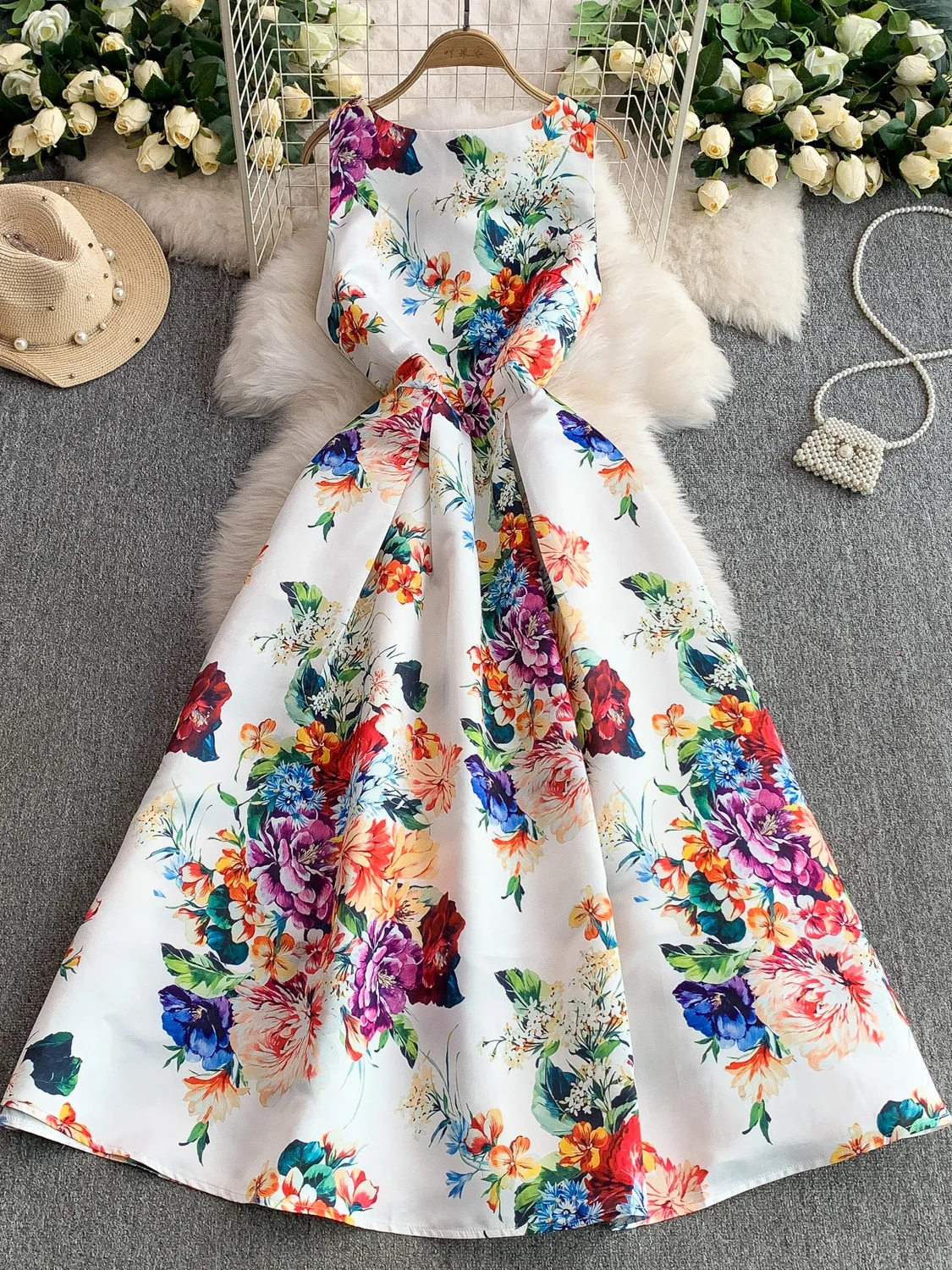 Robe longue en Satin à fleurs pour femmes, élégante, Jacquard Dobby, mi-longue, imprimée, sans manches, Vintage, décontractée