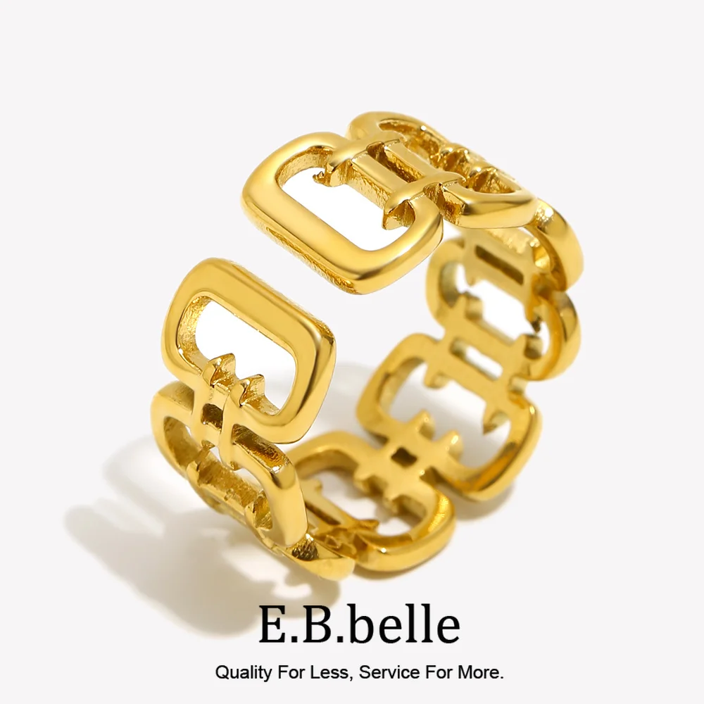 E.B.belle New Deisgn Women's Wide Facted Fence Open Size Ring 18K Gold Plated Stainless Steel Fashion Jewelry Gifts