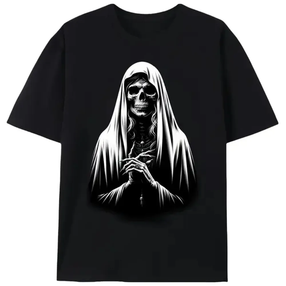 Gothic Praying Nun Skull T-Shirt | Praying Skeleton Graphic | Dark Art Graphic Tee for Men & Women | Edgy Subculture Streetwear Top